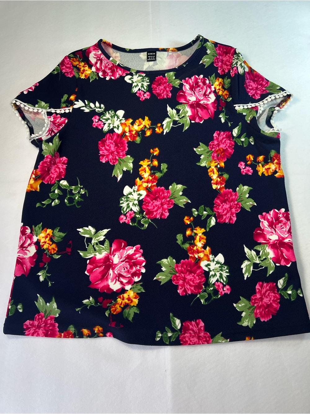 SHEIN Navy Short Sleeve Top with Pink Floral Print